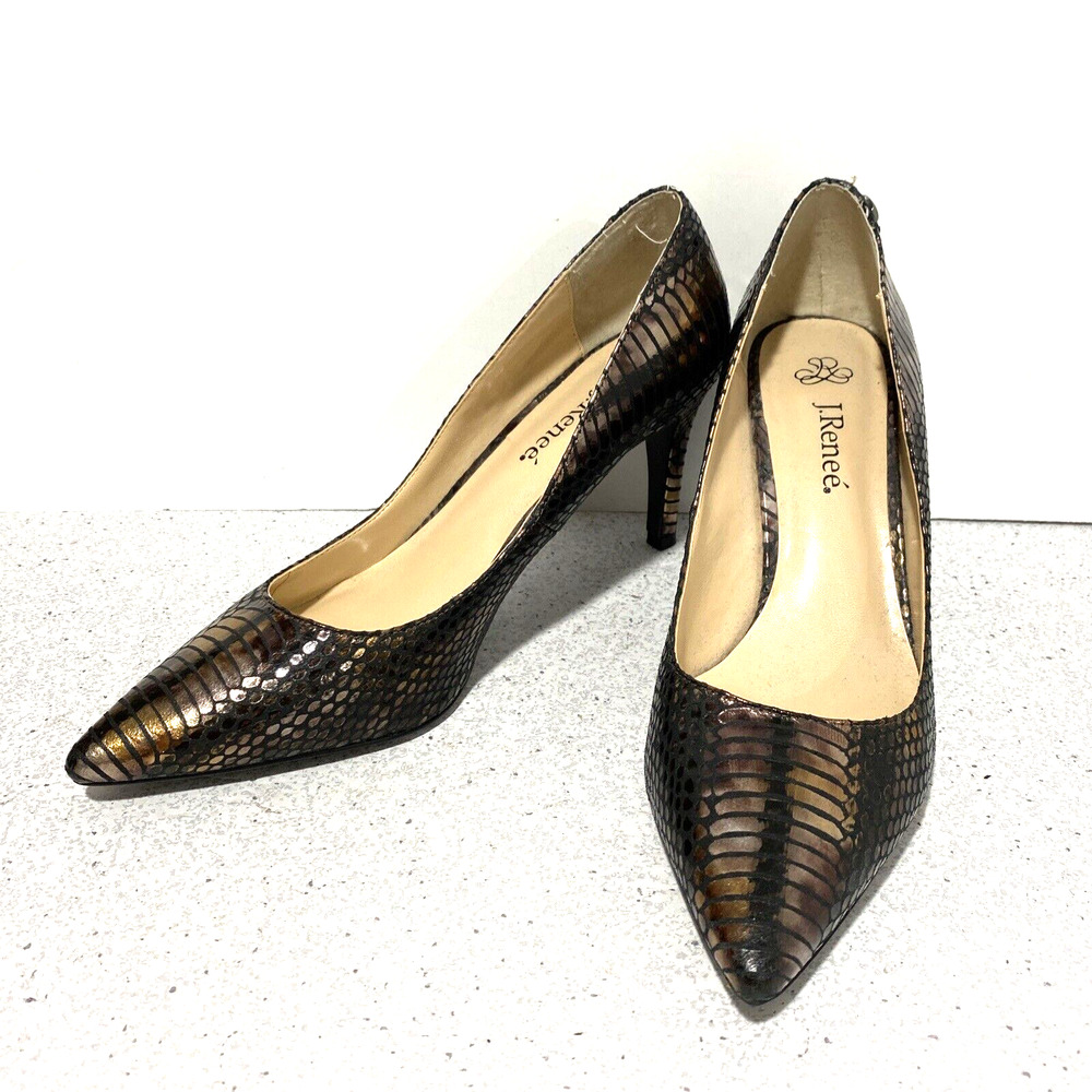 J Renee Rylee high heel pumps US 8M coppery brown metallic faux snakeskin dressy